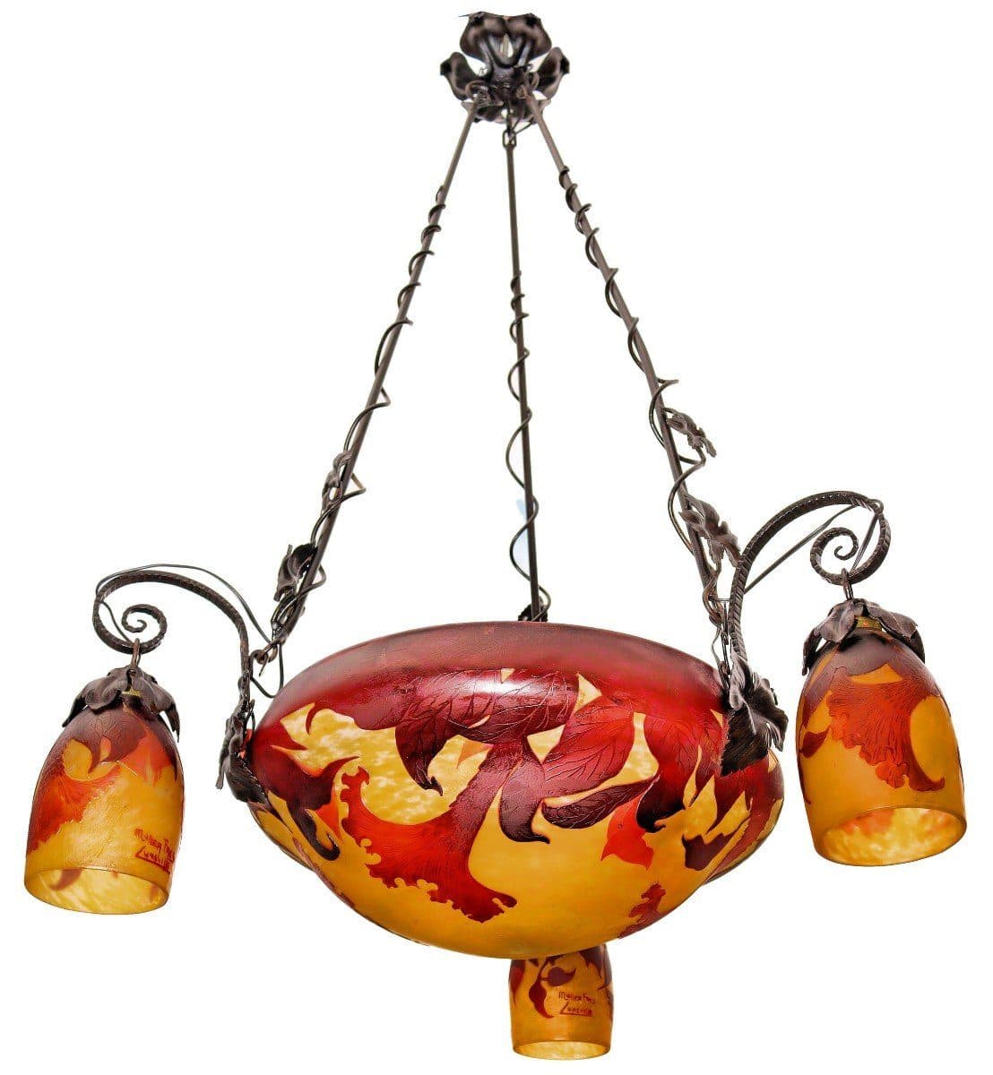 Muller Frères Lunéville Important lustre Art Déco aux tulipes